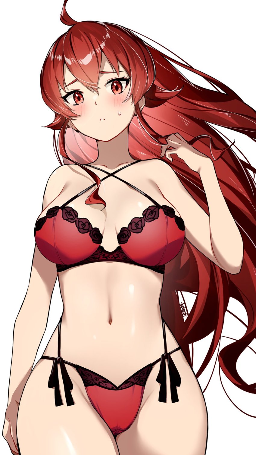 1girl, ahoge, alternate_costume, blush, bra, breasts, cross-laced_clothes, eris_greyrat, female_focus, floating_hair, gluteal_fold, hair_between_eyes, highres, large_breasts, long_hair, looking_at_viewer, mushoku_tensei, navel, panties, red_bra, red_eyes, red_hair, red_panties, revision, side-tie_panties, signature, simple_background, solo, standing, sweat, thighs, tochi_keisuke, underwear, underwear_only