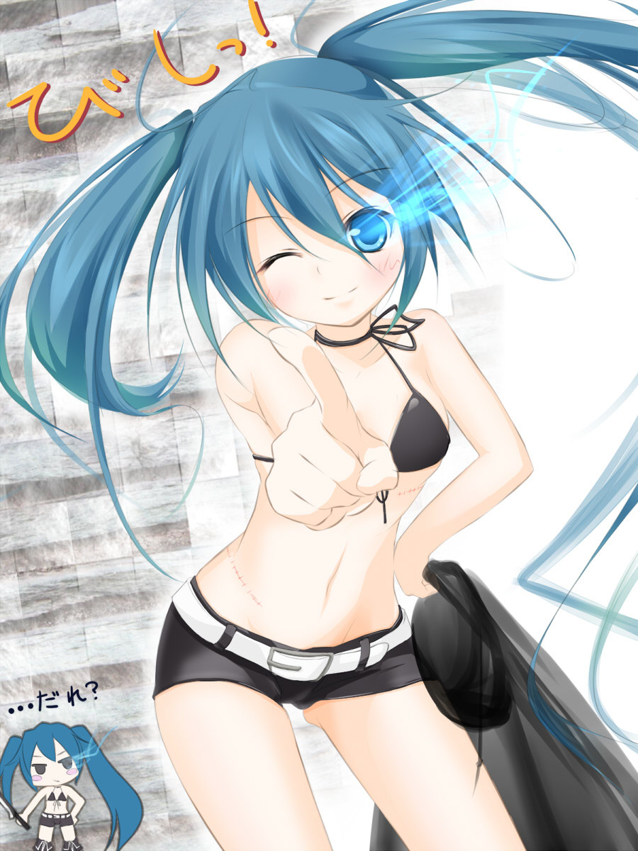 10s, 1girl, bad_id, bad_pixiv_id, belt, bikini, bikini_top_only, black_bikini