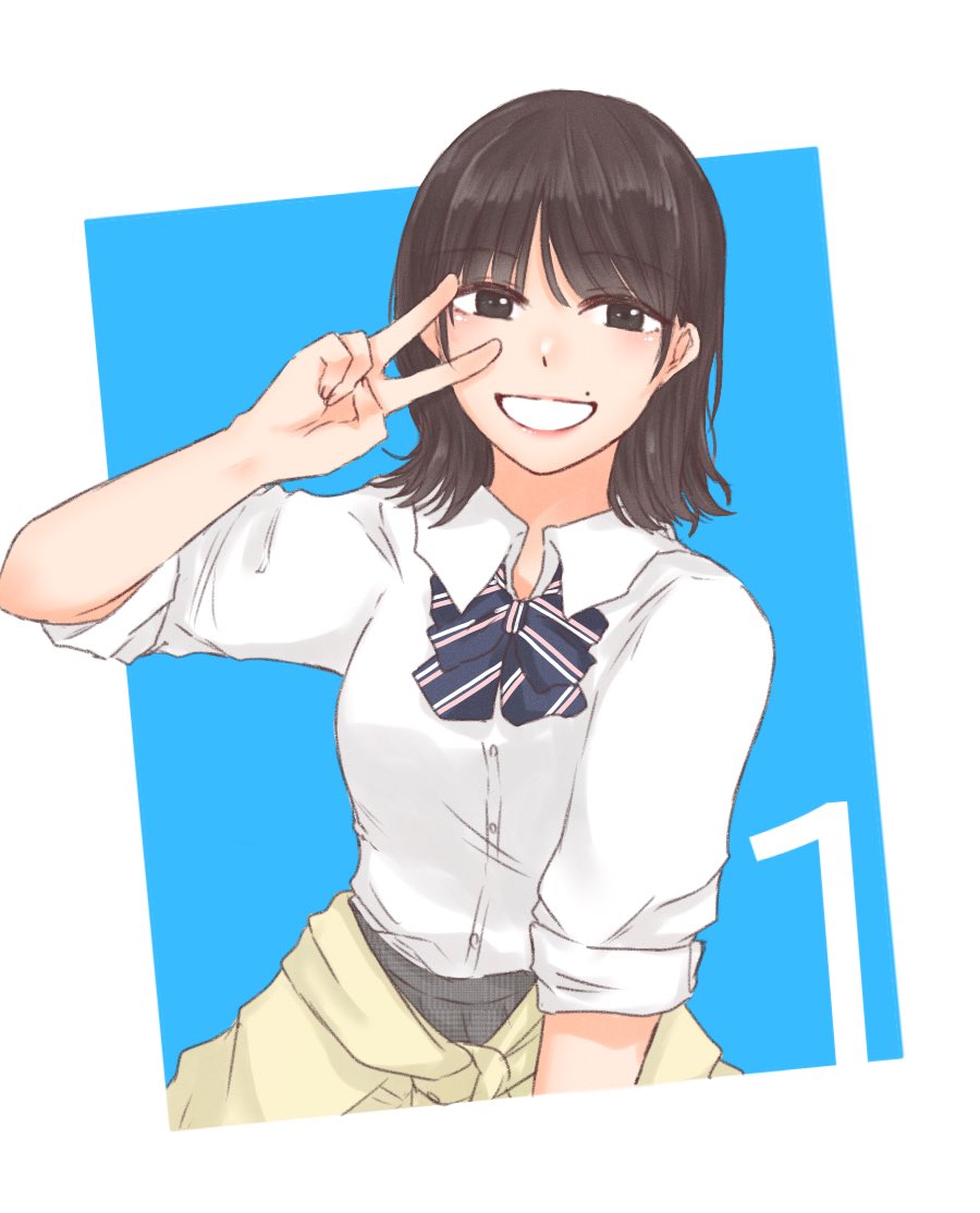 1girl, :d, blue_background, blue_bow, blue_bowtie, bow, bowtie, breasts