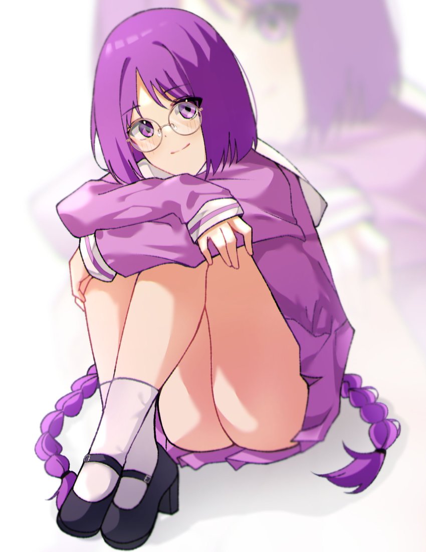 1girl, ass, bad_link, bad_twitter_link, bare_legs, boruto:_naruto_next_generations, dress, glasses, high_heels, highres, hugging_own_legs, kakei_sumire, knees_up, light_smile, long_hair, looking_at_viewer, low_twintails, miiutamiii_(artist), naruto_(series), no_panties, no_pants, purple_dress, purple_eyes, purple_hair, sailor_collar, sailor_dress, short_dress, sitting, smile, solo, thighs, twintails, very_long_hair