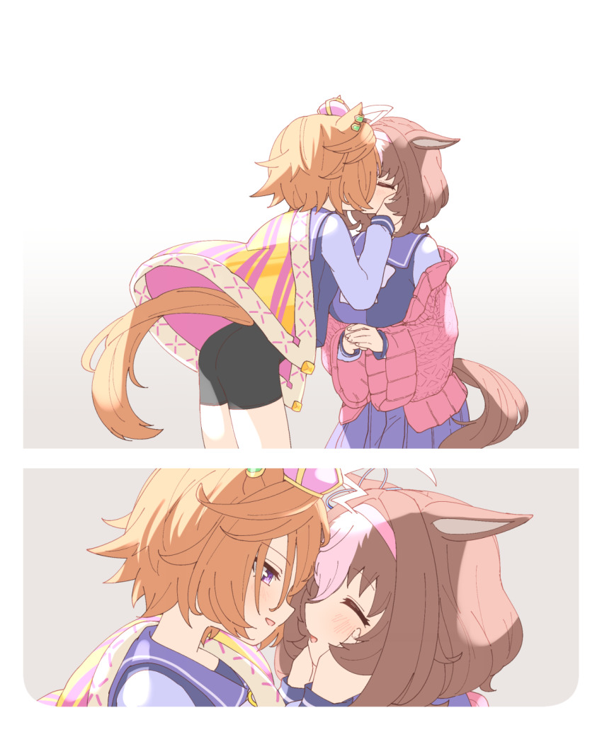 2girls, ahoge, animal_ears, bike_shorts, blush, brown_hair, cape, closed_eyes