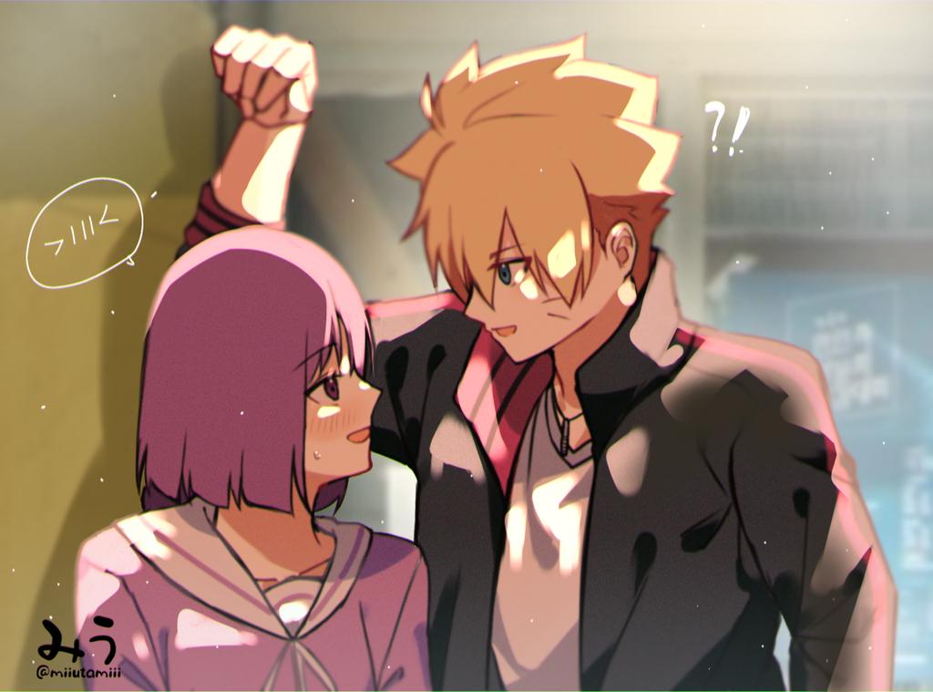 1boy, 1girl, ass, bare_legs, belt, black_jacket, blonde_hair, blue_eyes