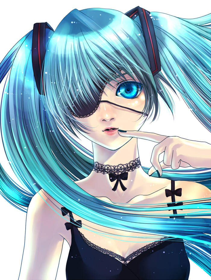 1girl, aqua_eyes, aqua_hair, bad_id, bad_pixiv_id, bare_shoulders, black_dress, black_nails, bow, choker, dress, eyepatch, female_focus, finger_to_mouth, hatsune_miku, lace, lips, long_hair, looking_at_viewer, nail_polish, simple_background, solo, twintails, upper_body, usui_hinagi, vocaloid, white_background, yukina_(ss336336)