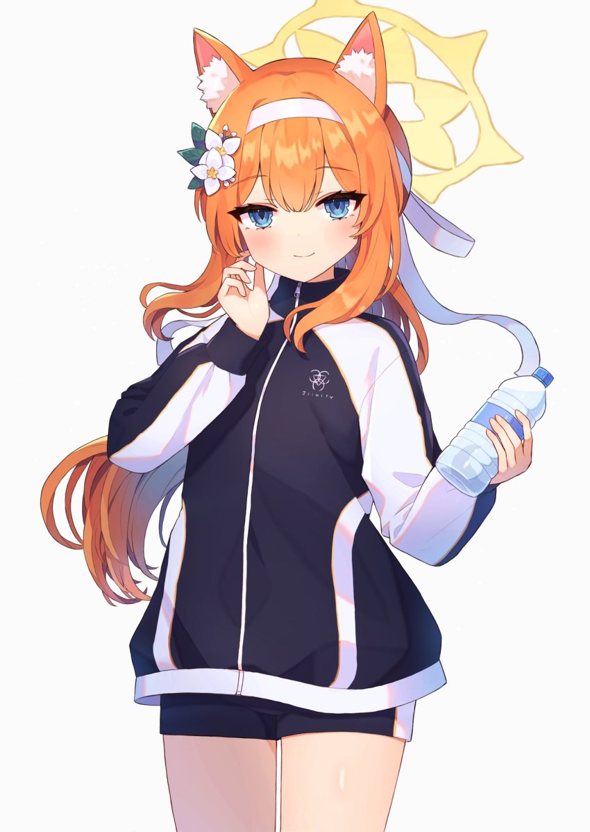 1girl, akatanotaki, animal_ear_fluff, animal_ear_headwear, animal_ears, blue_archive, blue_eyes, blush, bottle, braid, fake_animal_ears, flower, gym_shorts, gym_uniform, hair_flower, hair_ornament, hairband, halo, headband, highres, holding, holding_bottle, jacket, long_hair, long_sleeves, looking_at_viewer, mari_(blue_archive), mari_(track)_(blue_archive), multicolored_jacket, official_alternate_costume, orange_hair, plastic_bottle, short_hair, shorts, simple_background, single_braid, smile, solo, sportswear, two-tone_jacket, water_bottle, white_background, white_hairband, white_headband