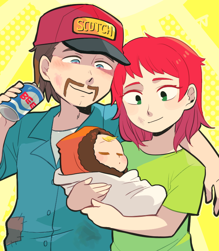 1girl, 2boys, aged_down, baby, beer_can, blonde_hair, blue_eyes, brown_hair, bruise, bruise_on_face, can, carol_mccormick, carrying, dirty, dirty_face, drink_can, facial_hair, family, father_and_child, father_and_son, green_shirt, hat, hood, husband_and_wife, injury, kenny_mccormick, mother_and_child, mother_and_son, multiple_boys, mustache, parent_and_child, patchwork_clothes, red_hair, shirt, smile, south_park, stuart_mccormick, tsunoji