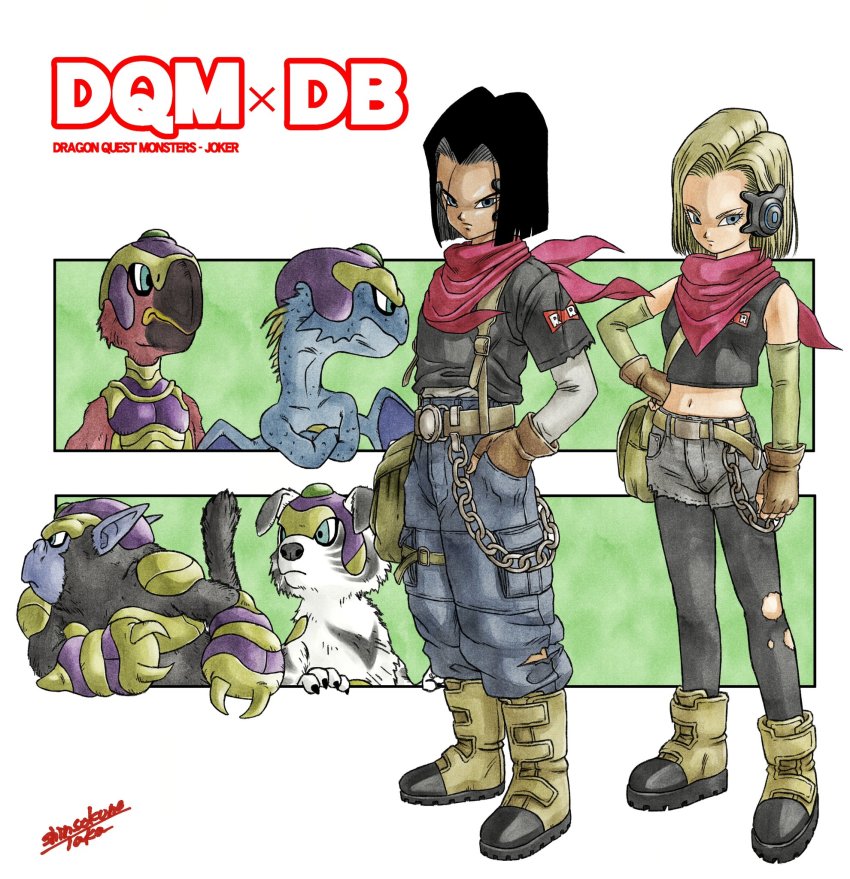 android_17, android_18, arm_warmers, bag, belt, bird, black_hair, blonde_hair, blue_eyes, boots, brother_and_sister, chain, creator_connection, crossover, dog, dragon, dragon_ball, dragon_quest, dragon_quest_monsters, dragon_quest_monsters_joker, dragon_quest_monsters_joker_3, dragonball_z, fingerless_gloves, frown, gloves, hand_in_pocket, hand_on_own_hip, highres, midriff, monkey, navel, neckerchief, official_style, pantyhose, pantyhose_under_shorts, red_neckerchief, red_ribbon_army, serious, shinsokunotaka, shirt, shorts, siblings, signature, sleeveless, sleeveless_shirt, toriyama_akira_(style), torn_clothes, torn_pantyhose