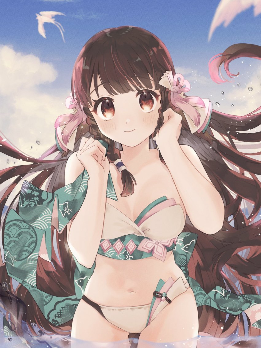 1girl, ainu_clothes, animal, animal_ears, aquaplus, arms_up, ass, bare_arms, bare_legs, bare_shoulders, bird, blue_sky, blush, braid, breasts, brown_hair, cleavage, clenched_hands, closed_mouth, cloud, cloudy_sky, cowboy_shot, crop_top, eingado, eyelashes, fingernails, flying, gradient_eyes, graident_hair, hair_over_shoulder, highres, in_water, leaning_forward, long_hair, looking_at_viewer, medium_breasts, midriff, multicolored_eyes, raised_eyebrows, red_eyes, rulutieh, sky, sleeveless, smile, solo, standing, swimsuit, thighs, utawarerumono, utawarerumono:_itsuwari_no_kamen, utawarerumono:_lost_flag, very_long_hair, water, water_drop