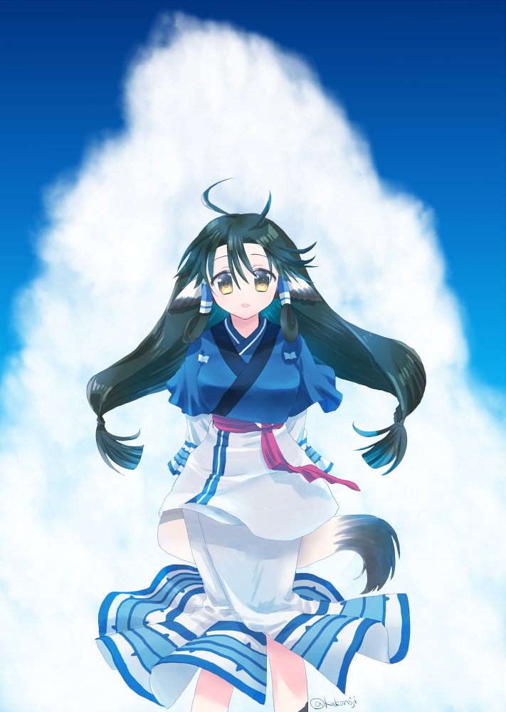 1girl, aged_up, ainu_clothes, animal_ears, aquaplus, aruruu, black_hair, blue_sky
