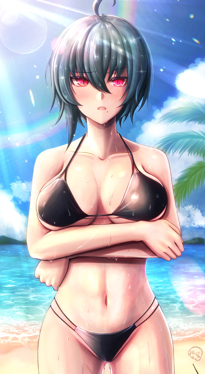 1girl, absurdres, ahoge, arms_under_breasts, beach, bikini, black_bikini, black_hair