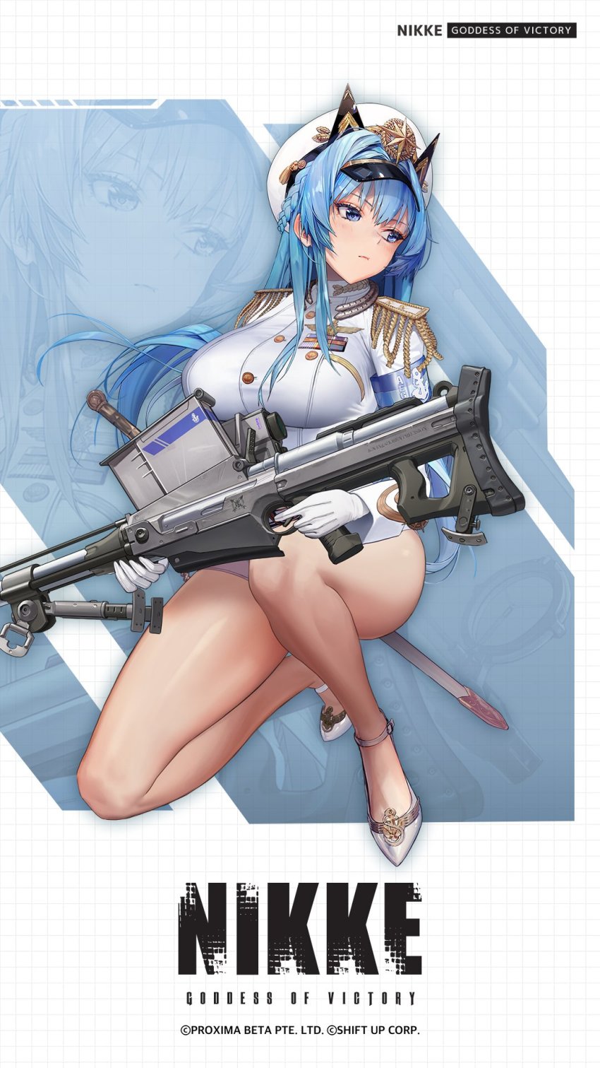 1girl, anti-materiel_rifle, artist_request, bipod, blue_eyes, blue_hair, blush, braid, breasts, buttons, closed_mouth, commentary_request, company_name, copyright_name, epaulettes, full_body, gloves, goddess_of_victory:_nikke, gold_trim, grid_background, gun, hat, helm_(nikke), high_heels, highres, holding, holding_weapon, kneeling, large_breasts, lips, logo, long_hair, long_sleeves, looking_away, military, military_uniform, monopod, official_art, peaked_cap, rifle, shiny_skin, simple_background, sniper_rifle, sword, thighs, trigger_discipline, weapon, white_gloves, zoom_layer