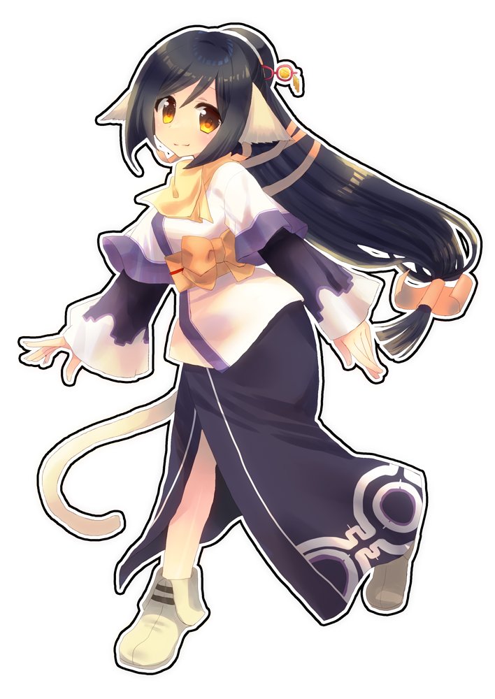 1girl, absurdly_long_hair, ainu_clothes, animal_ears, aquaplus, black_hair, boots, breasts