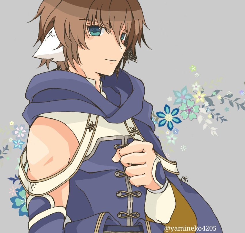 1boy, ainu_clothes, animal_ears, aqua_eyes, aquaplus, arm_up, bare_shoulders, blonde_hair