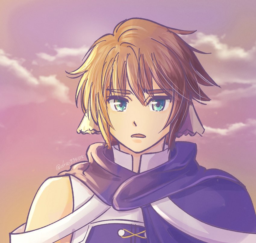 1boy, aqua_eyes, aquaplus, bare_shoulders, blonde_hair, cape, cloud, cloudy_sky