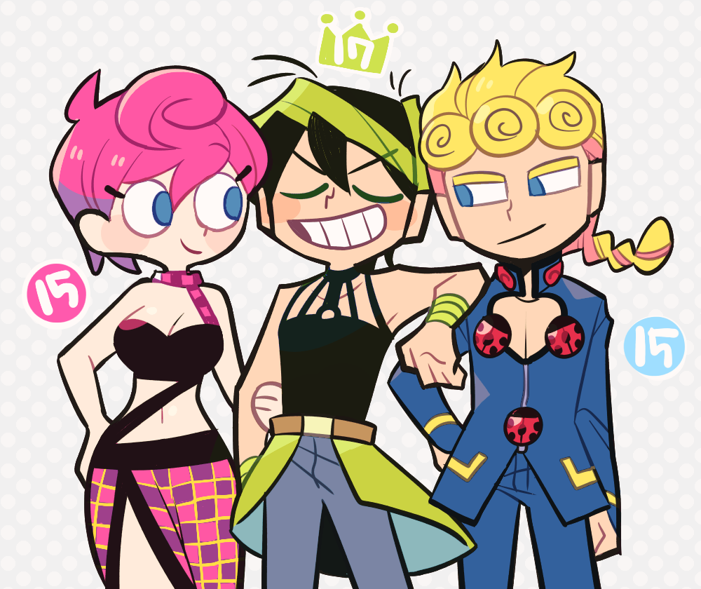 black_hair, blonde_hair, blue_eyes, braid, breasts, checkered_clothes, checkered_skirt, cleavage