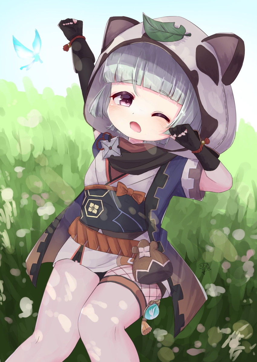 1girl, animal_ears, arm_guards, black_gloves, black_scarf, blunt_bangs, brown_eyes, child, commentary_request, elbow_gloves, fake_animal_ears, fingerless_gloves, genshin_impact, gloves, grey_hair, hair_between_eyes, highres, japanese_clothes, kanzuki_tsunane, leaf, leaf_on_head, looking_at_viewer, ninja, obi, pouch, raccoon_ears, raccoon_hood, sash, sayu_(genshin_impact), scarf, short_hair, short_sleeves, shuriken, sidelocks, single_fishnet_legwear, sitting, solo, stretching, vision_(genshin_impact), waking_up, weapon
