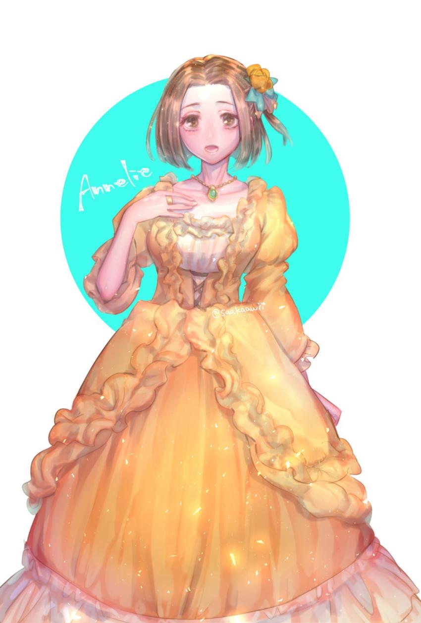 1girl, annallee_(suikoden), breasts, brown_eyes, brown_hair, collarbone, dress, flower