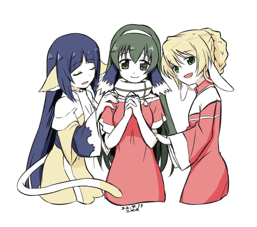 3girls, ainu_clothes, animal_ears, aquaplus, arms_up, black_hair, blonde_hair, braid