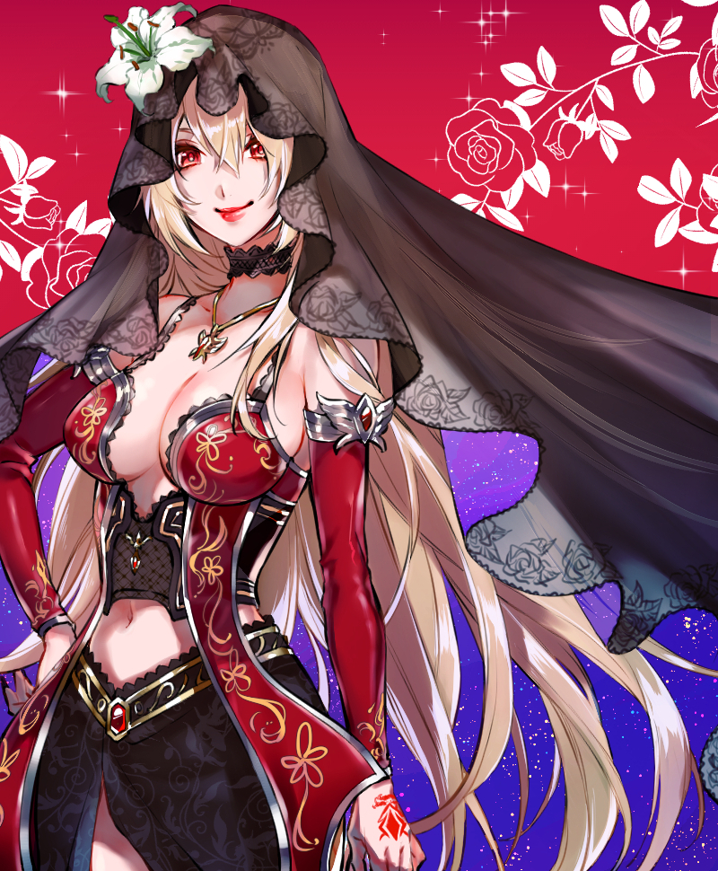 1girl, black_skirt, black_veil, breasts, detached_collar, dress, fina_(ffbe), final_fantasy