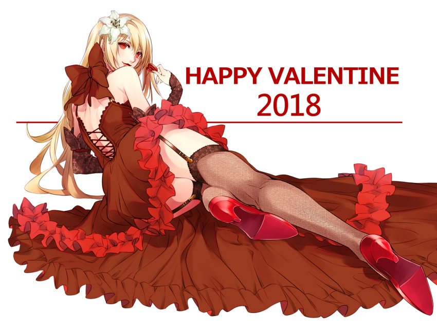 1girl, black_ribbon, black_skirt, blonde_hair, chocolate, fina_(ffbe), final_fantasy, final_fantasy_brave_exvius, fishnet_thighhighs, fishnets, flower, from_behind, full_body, hair_flower, hair_ornament, happy_valentine, high_heels, looking_back, lying, majin_fina, on_side, red_hair, ribbon, skirt, smile, solo, tarutaru_yamaoka, thighhighs, thighs, white_background