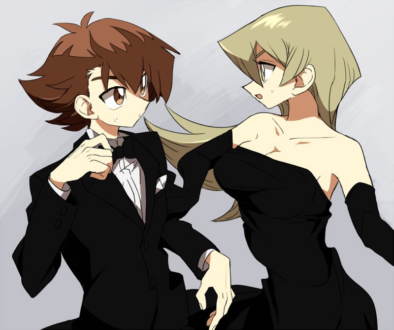 1boy, 1girl, arm_grab, black_dress, black_suit, blonde_hair, bow, bowtie, breasts, brown_eyes, brown_hair, cleavage, dress, elbow_gloves, formal_clothes, gloves, large_breasts, long_glove, long_hair, long_sleeves, matsuhago, multicolored_hair, shirt, suit, tenjouin_asuka, two-tone_hair, white_shirt, yu-gi-oh!, yu-gi-oh!_gx, yuki_judai
