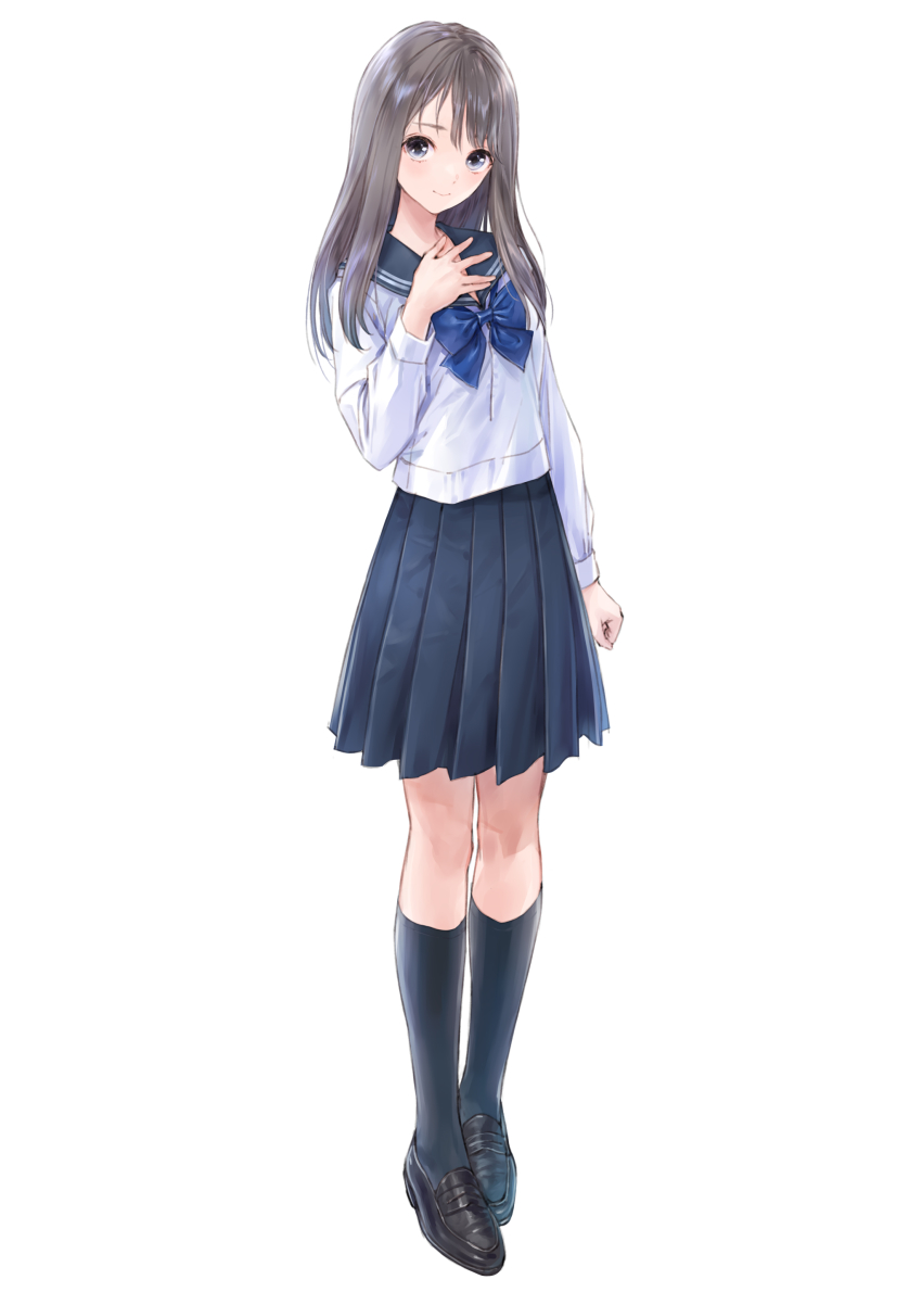 1girl, absurdres, black_footwear, black_hair, black_socks, blue_bow, blue_reflection_(series), blue_reflection_sun