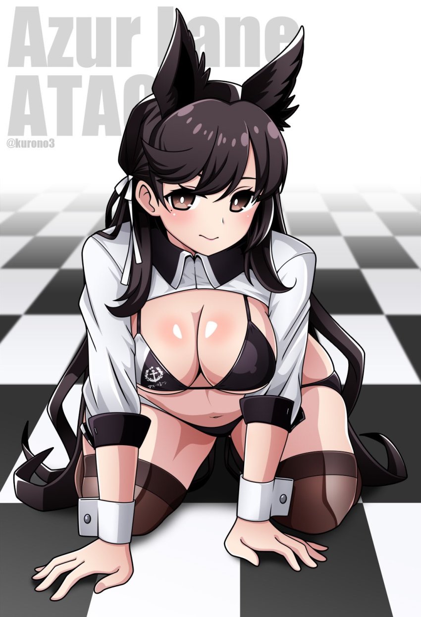 1girl, all_fours, animal_ears, artist_name, atago_(azur_lane), atago_(stunning_speedster)_(azur_lane), azur_lane, bikini