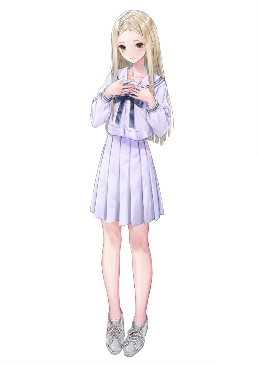 1girl, black_bow, blonde_hair, blue_reflection_(series), blue_reflection_sun, bow, collarbone, hands_on_own_chest