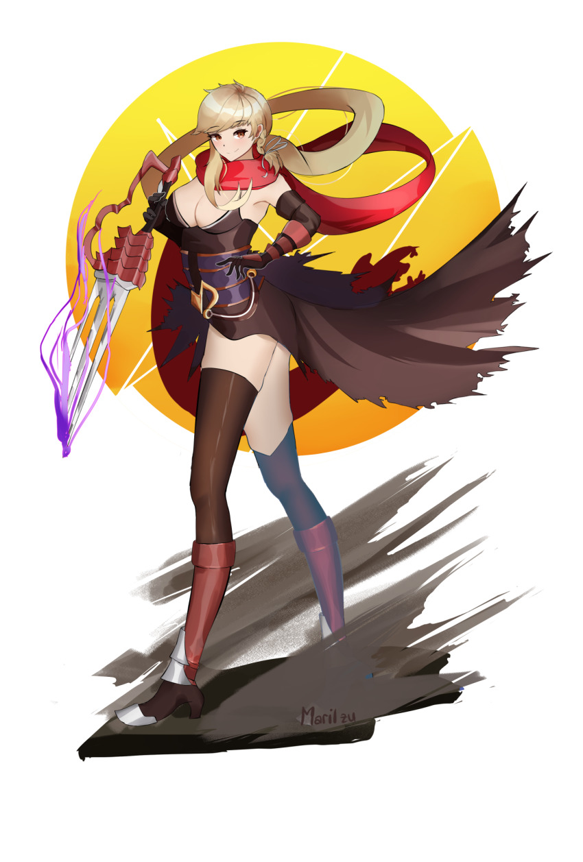 1girl, armor, blonde_hair, blush, braid, breasts, brown_eyes, brown_gloves