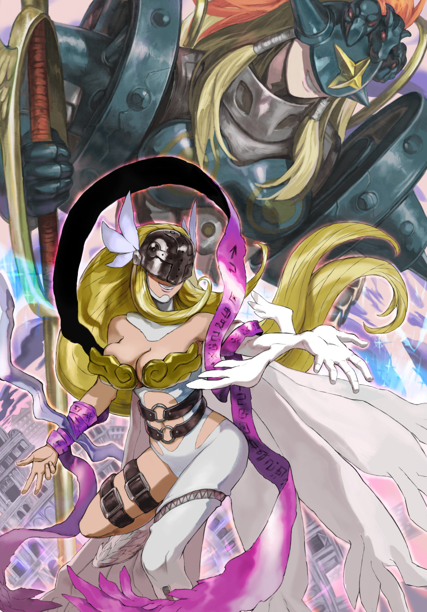 absurdres, angel, angel_girl, angewomon, aqua_helmet, belt, blonde_hair, clothing_cutout