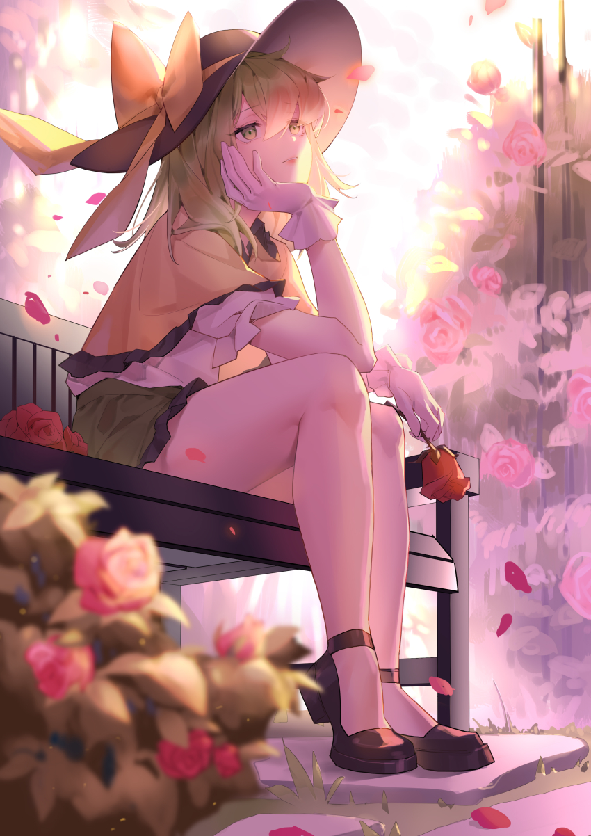 1girl, absurdres, arm_support, bench, black_hat, black_shoes, bow, bush