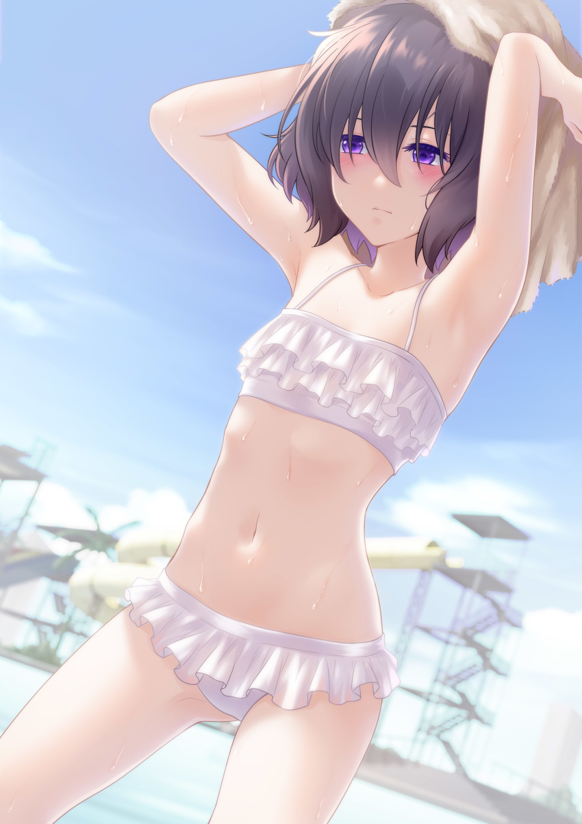 1girl, absurdres, arms_up, bikini, blush, breasts, brown_hair, highres