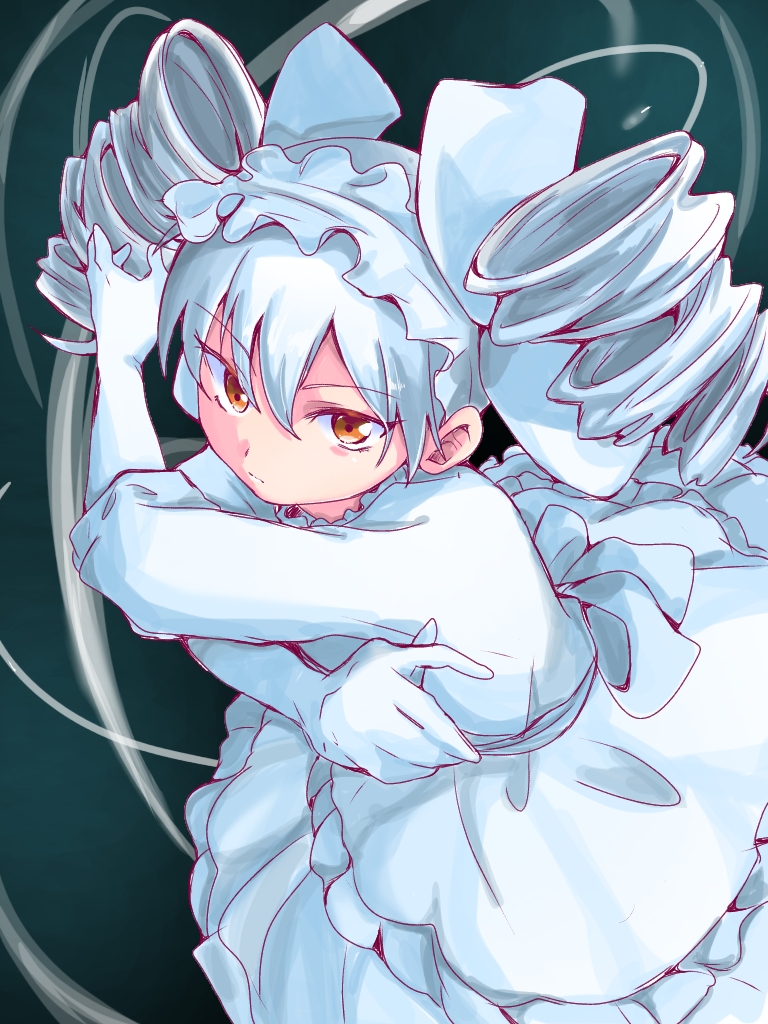 1girl, brown_eyes, crossed_arms, dress, drill_hair, elbow_gloves, frilled_dress, frills, gloves, pastel_(rahe), twin_drills, white_dress, white_gloves, white_hair, yozakura-san_chi_no_daisakusen, yozakura_futaba