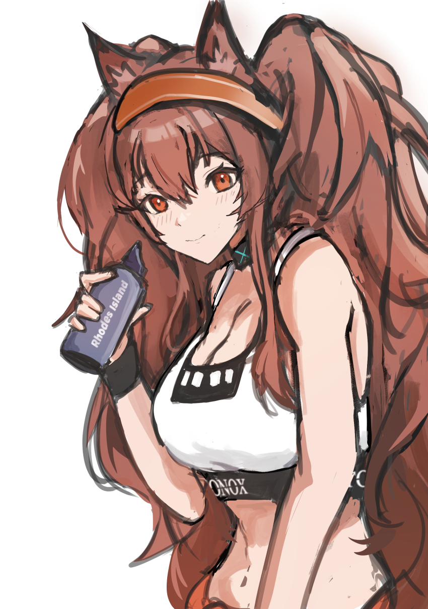 1girl, absurdres, angelina_(arknights), angelina_(sports)_(arknights), animal_ears, arknights, bare_shoulders, blush, bottle, breasts, brown_hair, cleavage, closed_mouth, collar, fox_ears, hairband, highres, holding, holding_bottle, infection_monitor_(arknights), large_breasts, long_hair, looking_at_viewer, official_alternate_costume, orange_eyes, orange_hairband, saltyz, smile, solo, sports_bra, sweatband, twintails, upper_body, very_long_hair