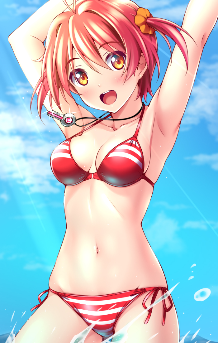 1girl, bikini, blue_sky, breasts, cloud, collarbone, hair_ornament, hair_scrunchie
