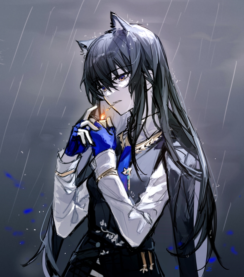 1girl, absurdres, animal_ear_fluff, animal_ears, arknights, black_coat, black_hair, black_vest