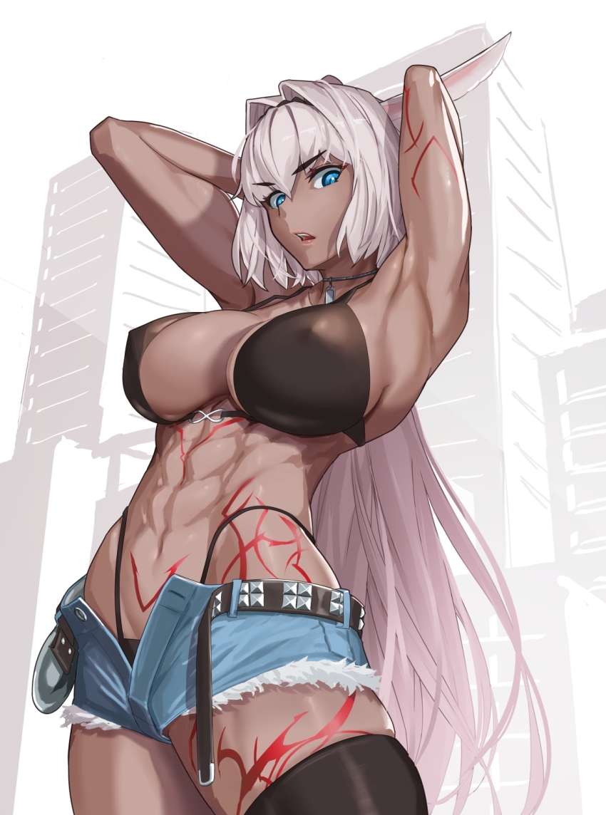 1girl, abs, animal_ears, armpits, arms_behind_head, arms_up, bare_shoulders, belt