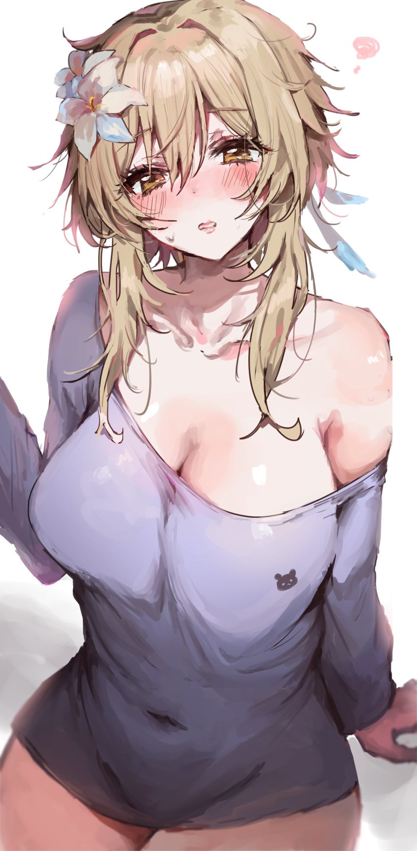 1girl, absurdres, animal_print, bear_print, blonde_hair, blush, breasts, cleavage