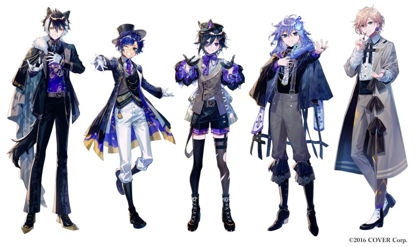5boys, :d, ;d, absurdres, alternate_costume, animal_ears, animal_hat, antenna_hair