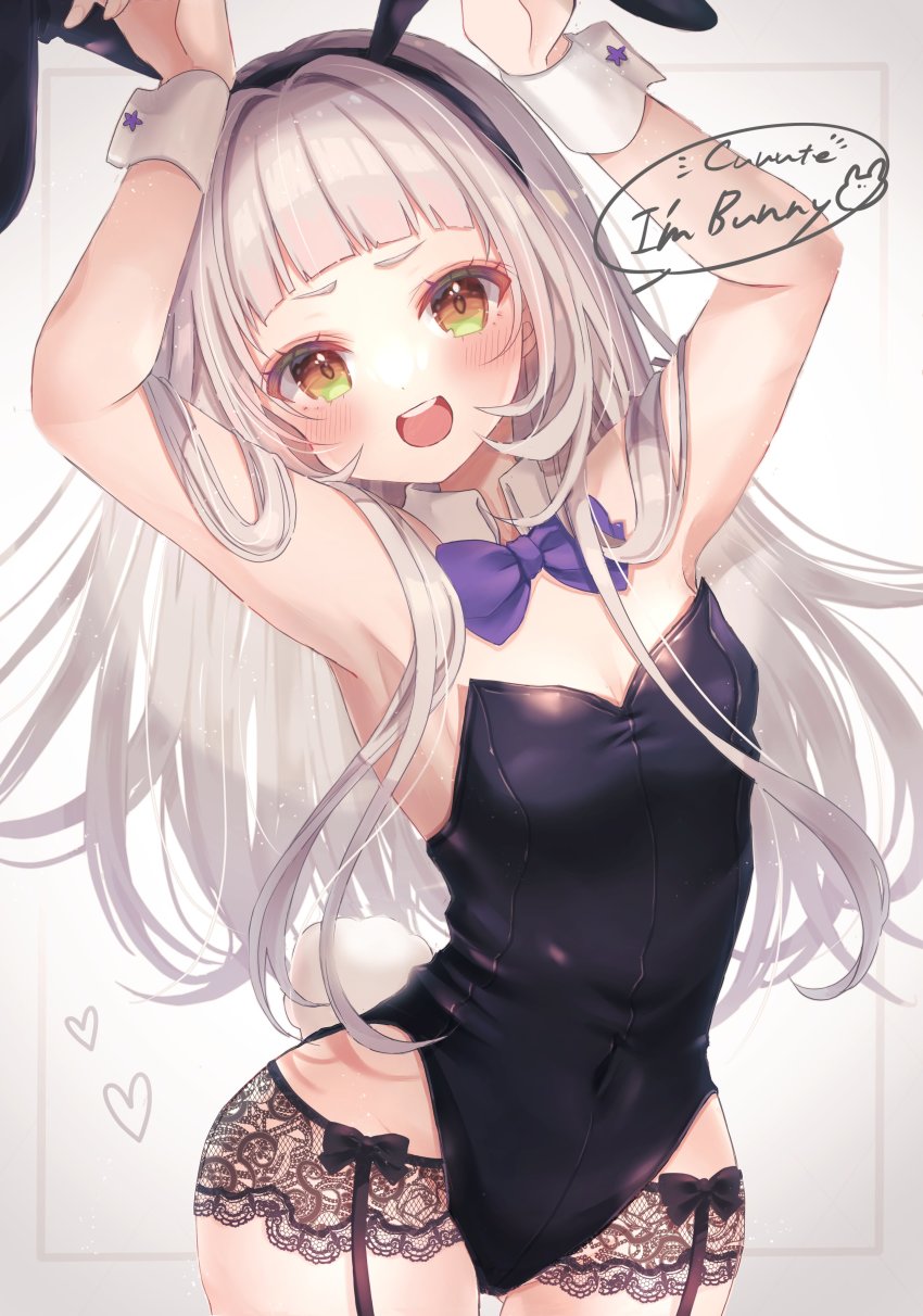 1girl, absurdres, animal_ears, armpits, arms_up, bare_shoulders, black_leotard, blunt_bangs, blush, botamochi_(botabutasan), bow, bowtie, breasts, brown_eyes, cleavage, covered_navel, detached_collar, fake_animal_ears, fake_tail, garter_belt, garter_straps, gluteal_fold, grey_hair, highres, hololive, leotard, long_hair, murasaki_shion, open_mouth, playboy_bunny, rabbit_ears, rabbit_pose, rabbit_tail, small_breasts, smile, solo, strapless, strapless_leotard, tail, thigh_gap, thighs, upper_body, virtual_youtuber, wrist_cuffs