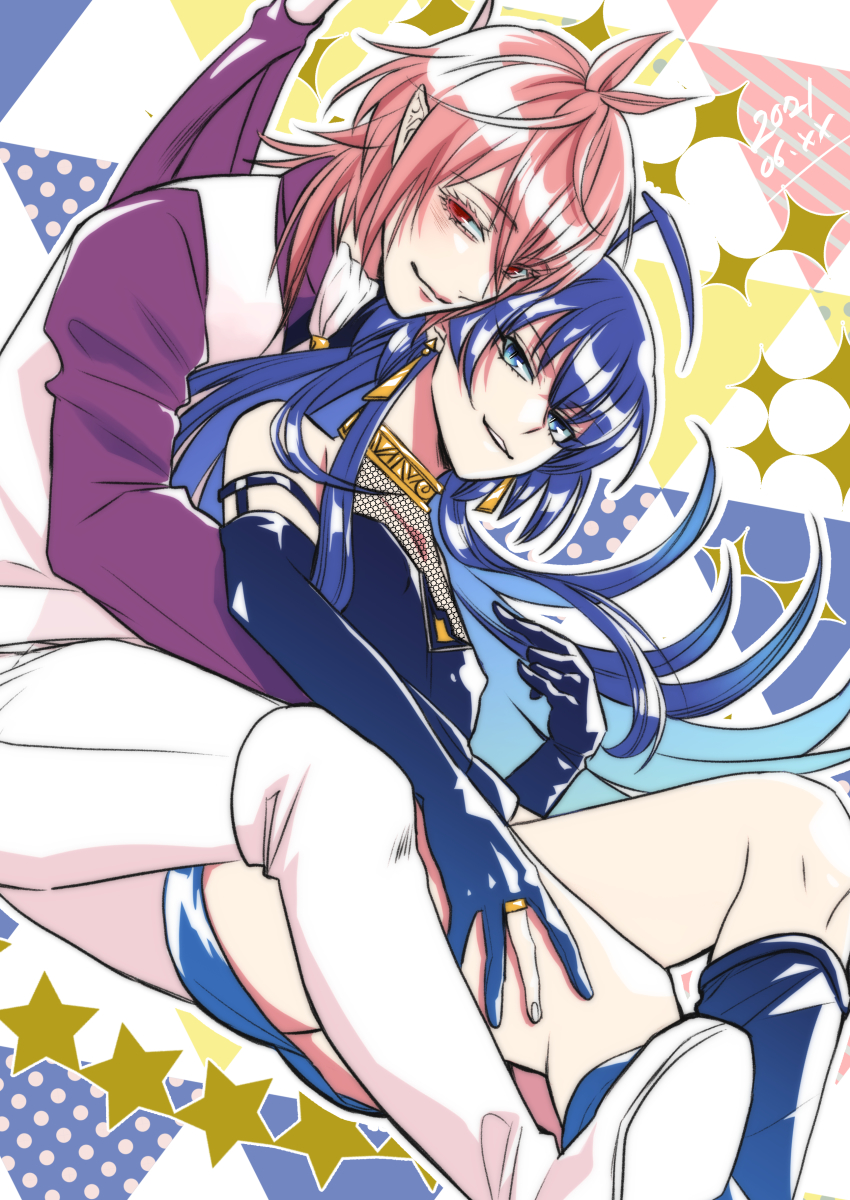 2boys, absurdres, alternate_costume, asmodeus_alice, blue_eyes, blush, demon_boy, green_eyes