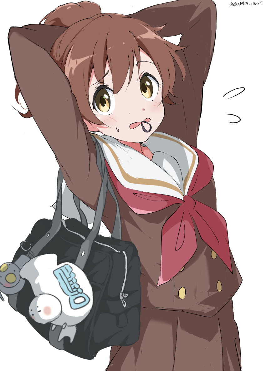 1girl, absurdres, arms_up, bag, black_bag, blush, brown_eyes, brown_hair