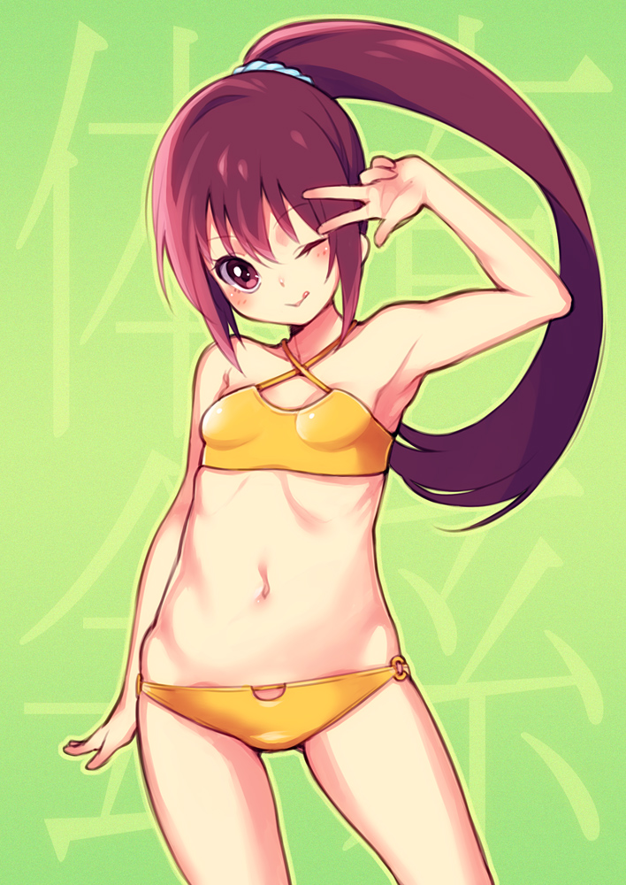 1girl, :q, arm_up, armpits, bikini, breasts, brown_eyes, brown_hair
