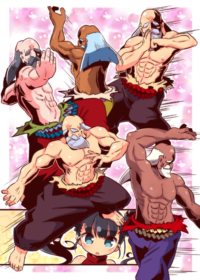 1boy, 1girl, :o, abs, arm_up, bald, barefoot, beard