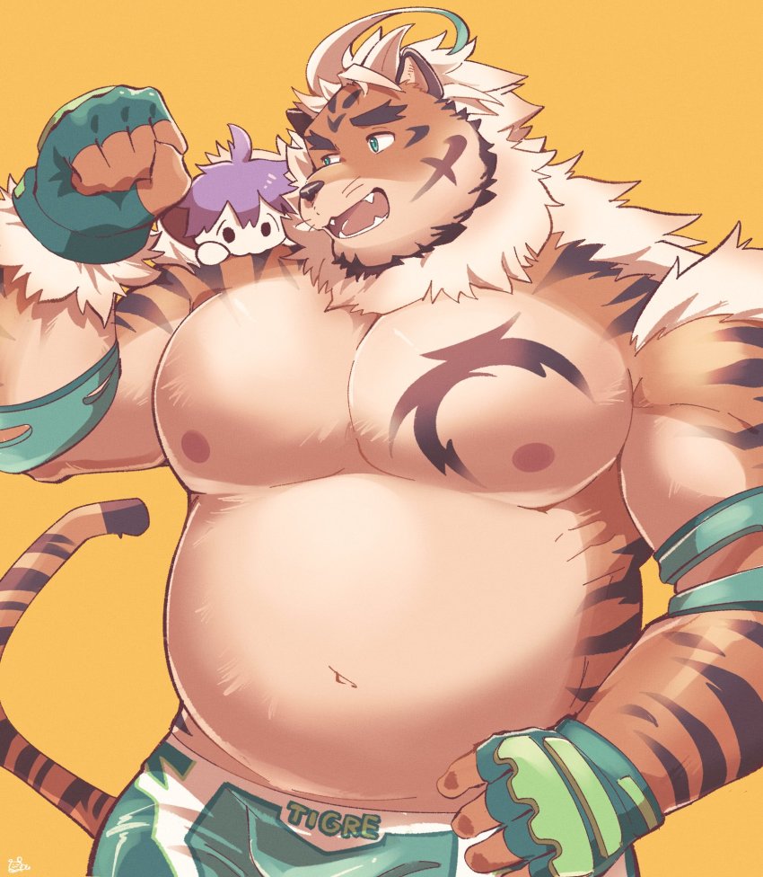 2boys, ahoge, animal_ears, bara, belly, commentary_request, fat, fat_man