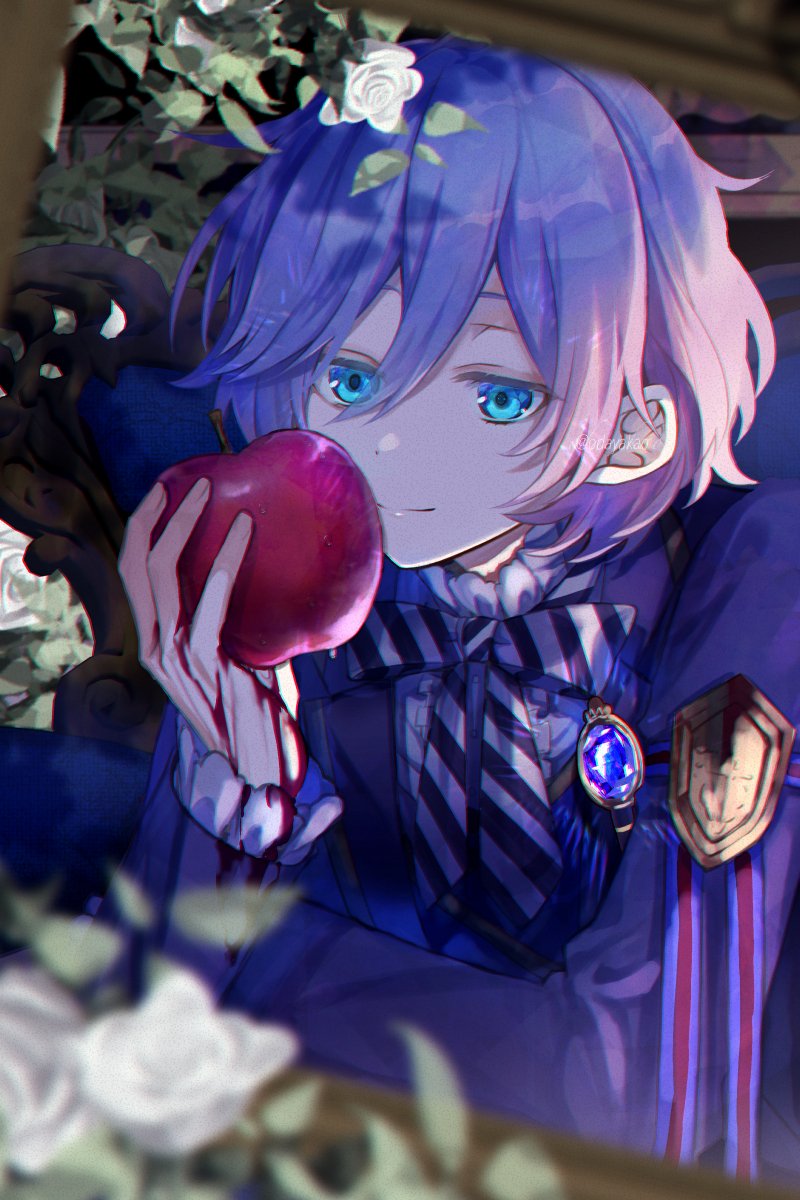 1boy, apple, black_jacket, blood, blood_on_clothes, blood_on_hands, blue_eyes, bow