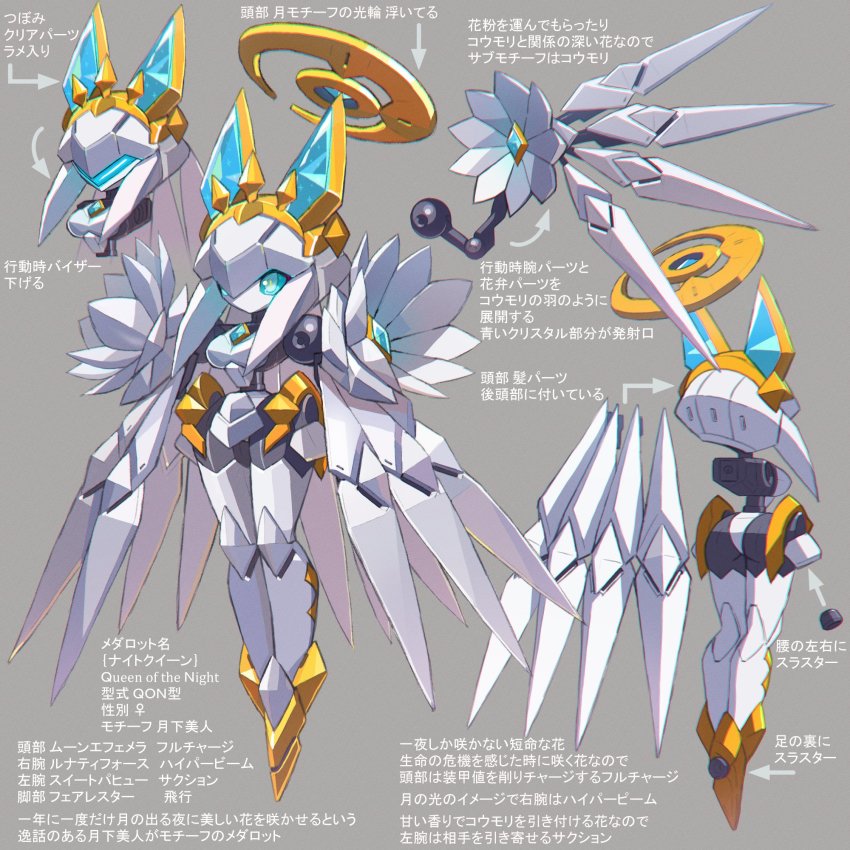 ass, assault_visor, blue_eyes, reference_sheet, floating, full_body, grey_background, halo, highres, humanoid_robot, mechanical_halo, mechanical_wings, medarot, multiple_views, original, robot, wings, yoyoyoyoyo_(turuse)