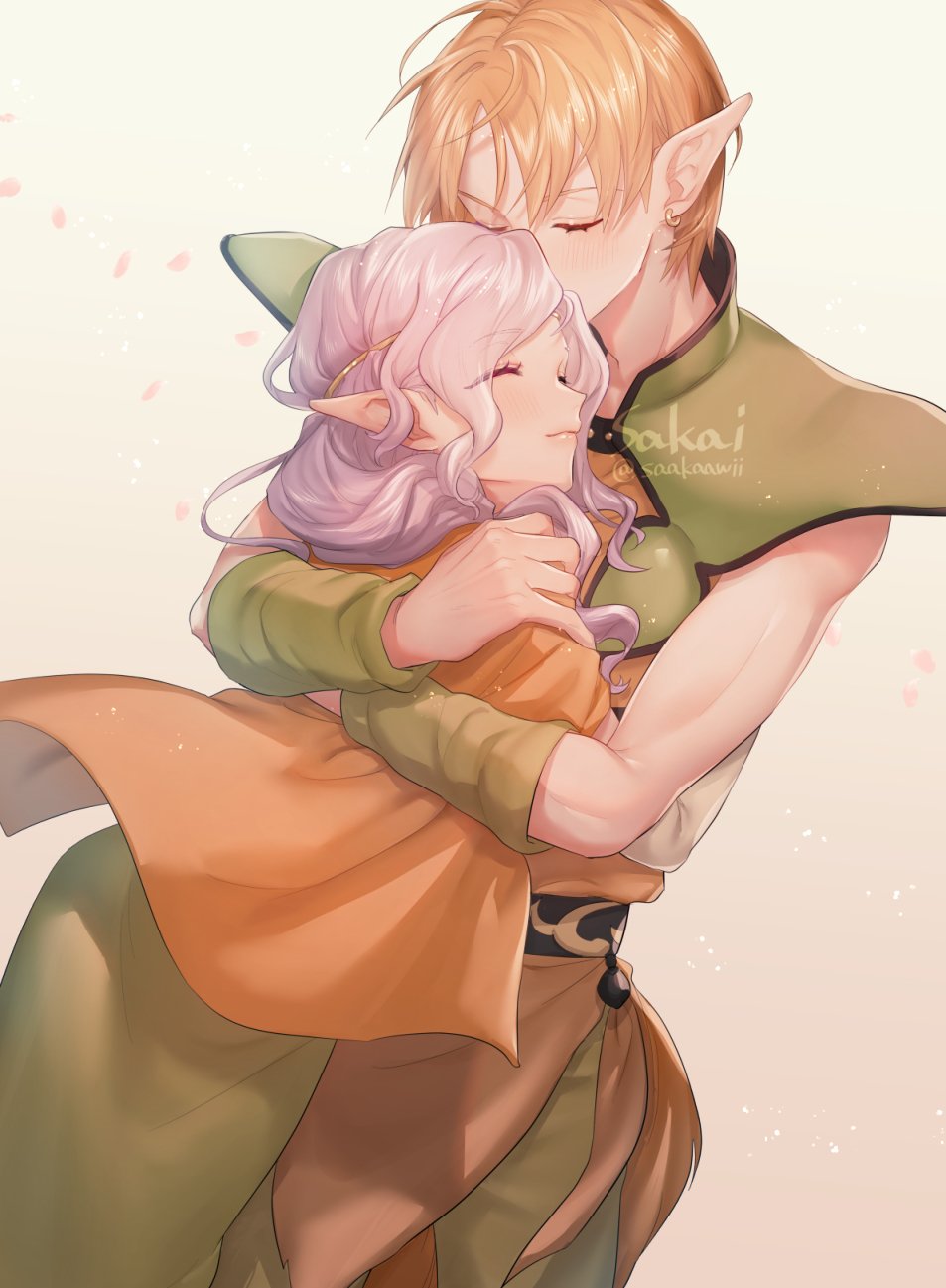 1boy, 1girl, ^_^, arm_warmers, armor, blonde_hair, blush, brown_shirt