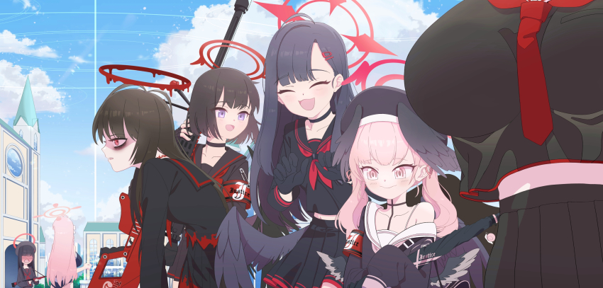 6+girls, anti-materiel_rifle, armband, assault_rifle, beret, black_gloves, black_sailor_collar, black_serafuku, black_skirt, blue_archive, blunt_bangs, blush, bolt_action, breasts, closed_eyes, closed_mouth, commentary_request, day, embarrassed, faceless, faceless_female, feathered_wings, full-face_blush, gloves, gun, halo, hanako_(blue_archive), hasumi_(blue_archive), hat, head_out_of_frame, head_wings, highres, holding, holding_gun, holding_weapon, ichika_(blue_archive), justice_task_force_member_(blue_archive), koharu_(blue_archive), large_breasts, long_hair, long_sleeves, mashiro_(blue_archive), midriff, mnnnya, multiple_girls, neckerchief, off_shoulder, open_mouth, outdoors, p14_enfield, pink_eyes, pink_hair, pleated_skirt, purple_eyes, red_eyes, red_neckerchief, rifle, sailor_collar, school, school_swimsuit, school_uniform, serafuku, sidelocks, skirt, sleeves_past_fingers, sleeves_past_wrists, smile, sniper_rifle, sunlight, swimsuit, tsurugi_(blue_archive), twintails, umbrella, weapon, wings