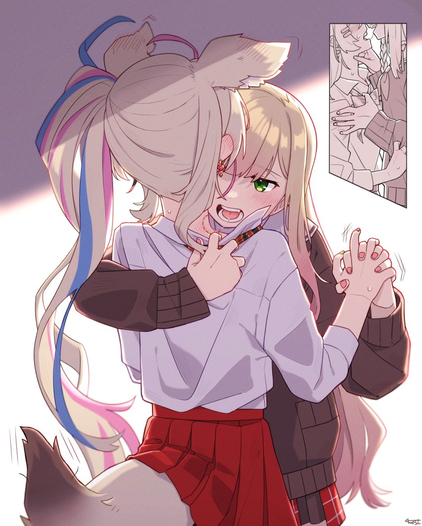 2girls, absurdres, animal_ears, bite_mark, blonde_hair, blue_hair, blush, ear_blush