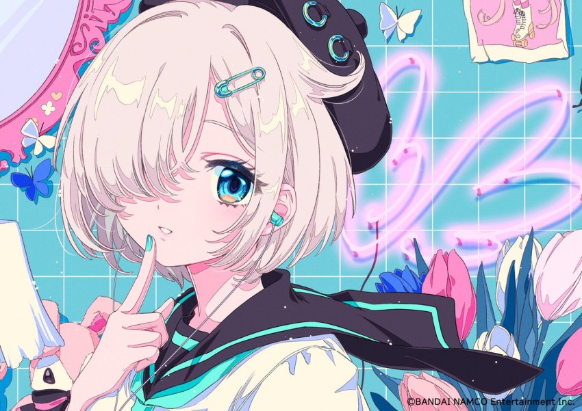 1girl, aqua_serafuku, beret, blue_eyes, blush, bug, butterfly, denonbu